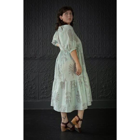 MATTA Sz S Small Aqua Stripe Short Elbow Sleeve Midi Dress Cotton Katia Trees - Picture 10 of 11